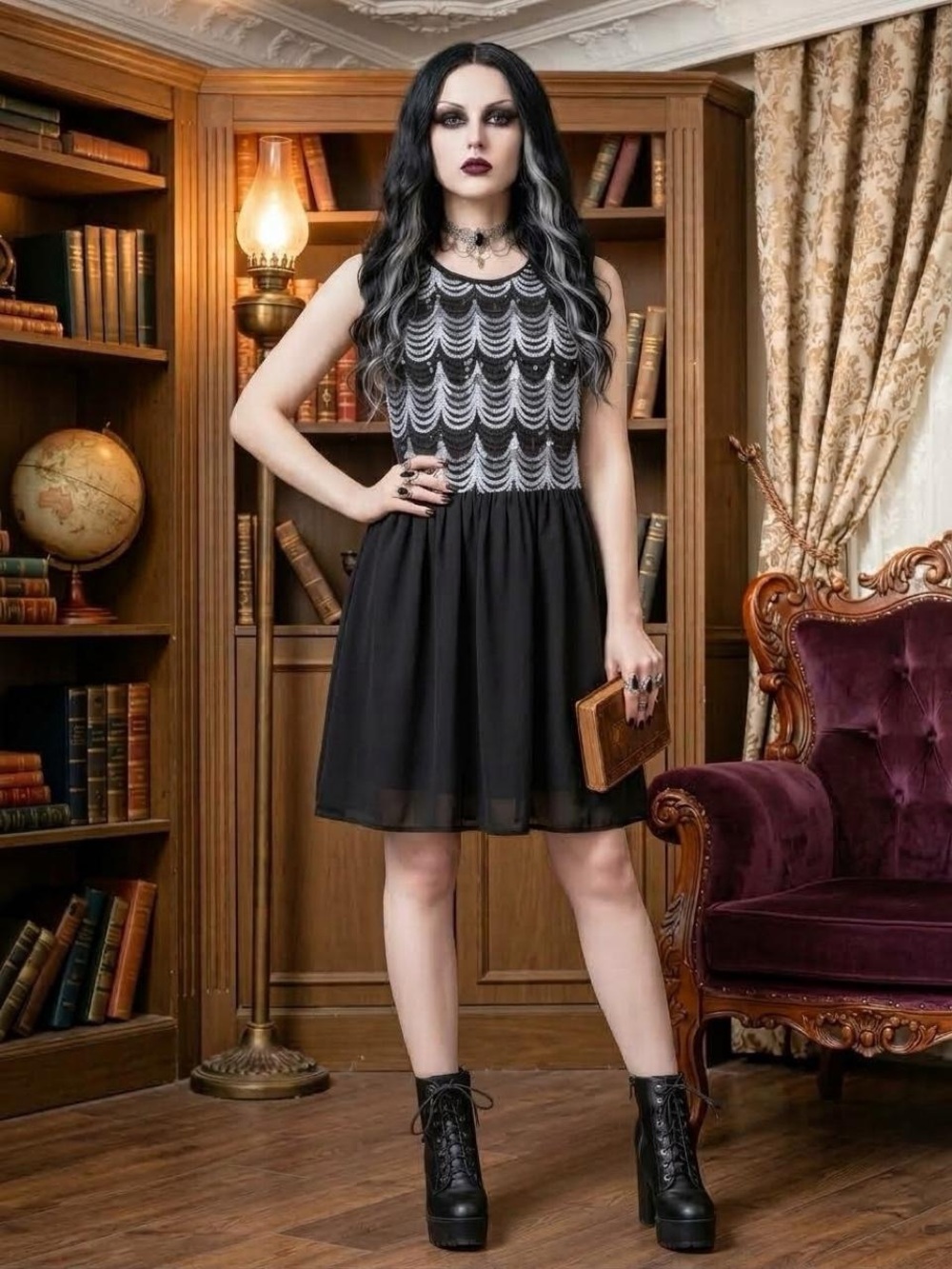 Vintage Whimsygoth Black & Silver Sequin Scalloped Bodice Fit & Flare Dress⁠